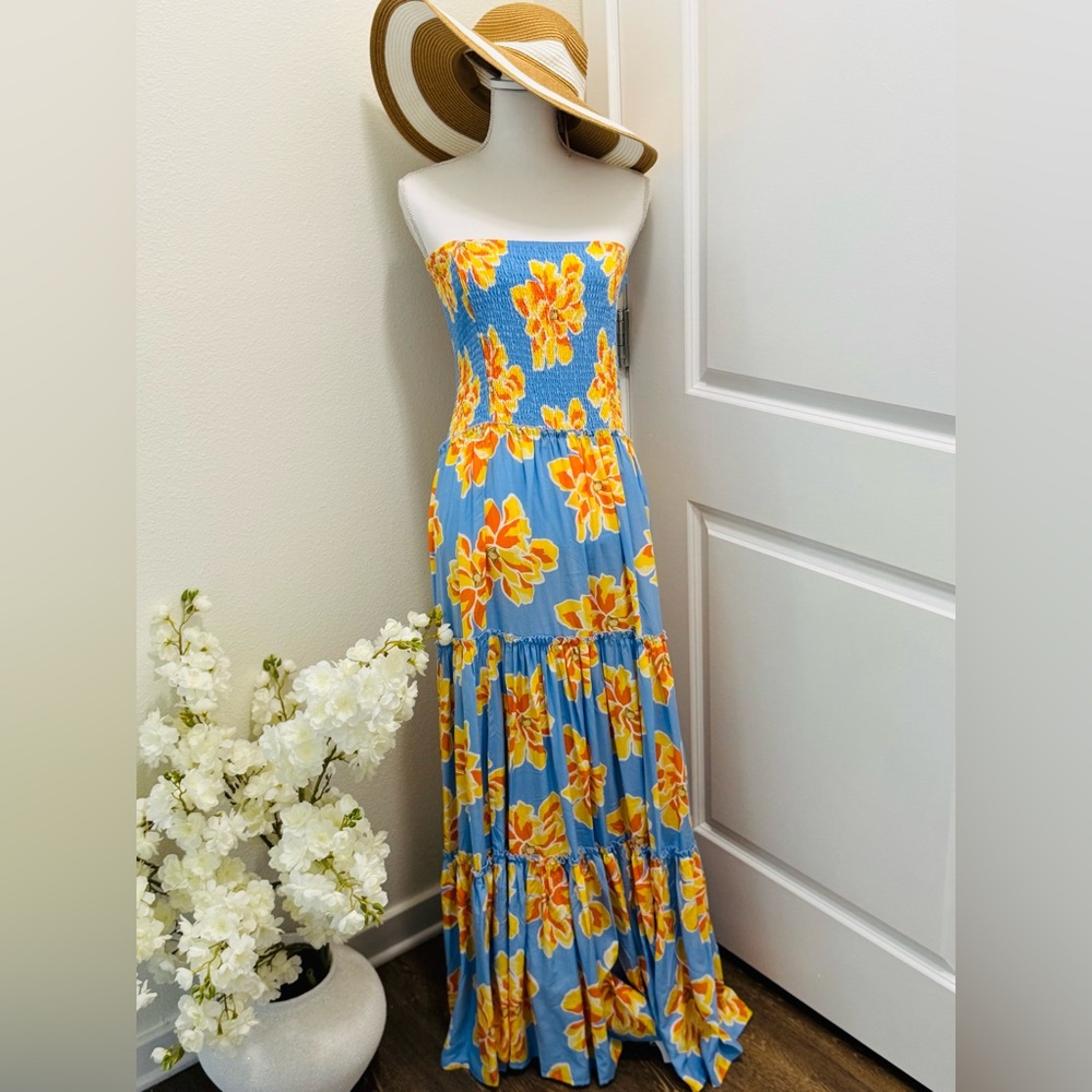 Floral blue and yellow Maxi Dress NWT SZ L - Picture 1 of 7